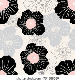 Seamless Floral Pattern With pastel color Flowers On Monochrome Background