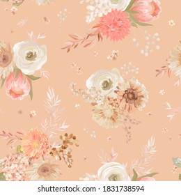 Seamless floral pattern, pastel dry flowers dahlia, anemone, protea. Vector illustration design, watercolor trendy style for beautiful fashion textile, texture, fabric, wallpaper, cover