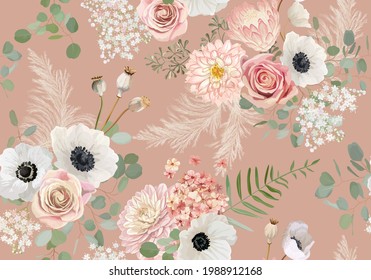 Patrón floral sin foco, flores secas pastel anémona, flor de rosa, hojas de eucalipto, pasto pampas. Diseño de acuarela de ilustración vectorial. Bella moda textil, textil, tela, papel pintado, cubierta