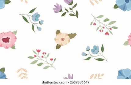 Seamless floral pattern with pastel flowers and leaves