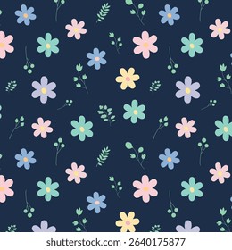 Seamless floral pattern with pastel flowers and leaves on navy blue background. perfect for fabric, wallpaper, wrapping paper and digital surface design.