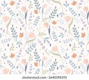 Seamless floral pattern with pastel flowers, eucalyptus branches, lavender, leaves, dots, and butterflies. Flat botanical design for packaging, fabric, stationery, backgrounds, and wellness branding.
