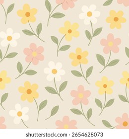 Um padrão floral sem emenda com flores pastel em rosa, amarelo e esbranquiçado, e folhas verdes sábias em um fundo bege. Estilo bonito, doce e minimalista.