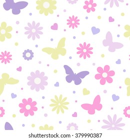 Seamless floral pattern. Pastel flowers and butterflies.