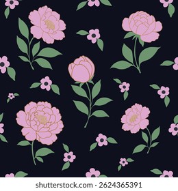 Padrão floral sem costura com flores de peônias rosa pastel e folhas verdes em fundo escuro. perfeito para têxteis, papel de embrulho, papel de parede e impressões.