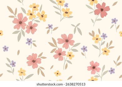 Seamless floral pattern with pastel pink, yellow, and purple flowers on cream background, ideal for spring fabric, wrapping paper, stationery, kids textiles, and decorative surfaces.
