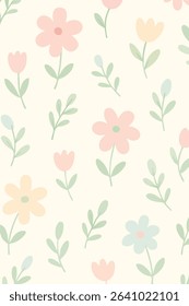 A seamless floral pattern with pastel pink, yellow, and blue flowers and green leaves on an off-white background.