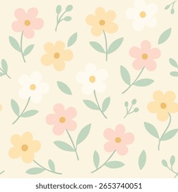 A seamless floral pattern with pastel pink, yellow, and off-white flowers and sage green leaves on a beige background. Cute, soft, and minimalist for girly designs.