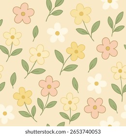 A seamless floral pattern with pastel pink, yellow, and off-white flowers, paired with sage green leaves on a soft beige background. Cute, sweet, and minimalist.
