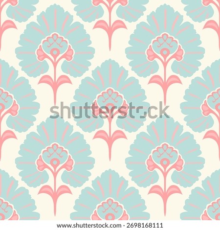 Seamless floral pattern with pastel pink and blue stylized flowers in vintage art deco style, elegant botanical vector design for fabric, wallpaper, wrapping, and textile decoration.