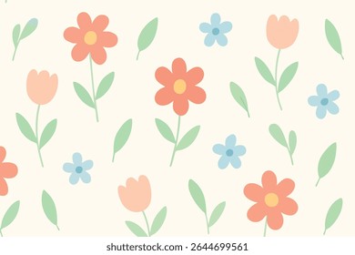 A seamless floral pattern in pastel tones featuring minimalist coral daisies, peach tulips, and light blue blossoms on a soft cream background.
