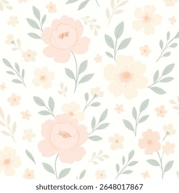 A seamless floral pattern in pastel tones featuring delicate blossoms and minimalist design, perfect for fabric and stationery