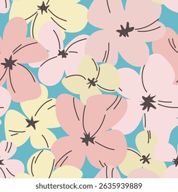 Seamless floral pattern with pastel yellow and pink flowers with brown lines on blue background. Could be used as print for card, fabric, textile, wallpaper, ribbon, texture, wrapping paper.