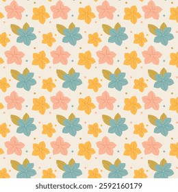 Seamless floral pattern with pastel-colored flowers and leaves. Perfect for textile design, wallpaper, wrapping paper, stationery, packaging, and backgrounds.