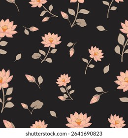 Seamless floral pattern of peach lotus blossoms on warm brown background, ideal for fashion prints, digital backgrounds and stationery design.
