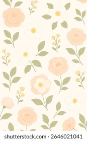 Padrão floral contínuo com rosas de pêssego, camélias brancas e pequenos botões amarelos em um fundo macio e esbranquiçado. Ótimo para tecido, embalagem e impressões.