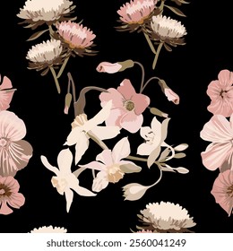 Seamless floral pattern in peach tones bouquets of different flowers on a black background