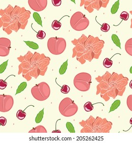 Seamless floral pattern with peaches and cherries