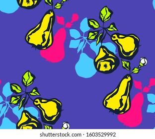 Seamless floral pattern with pear and flowers. Ornamental decorative background. Vector pattern. Print for textile, cloth, wallpaper, scrapbooking