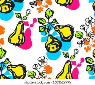 Seamless floral pattern with pear and flowers. Ornamental decorative background. Vector pattern. Print for textile, cloth, wallpaper, scrapbooking