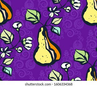 Seamless floral pattern with pear and flowers. Ornamental decorative background. Vector pattern. Print for textile, cloth, wallpaper, scrapbooking