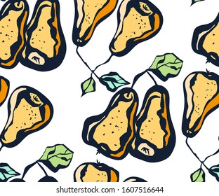 Seamless floral pattern with pear and flowers. Ornamental decorative background. Vector pattern. Print for textile, cloth, wallpaper, scrapbooking