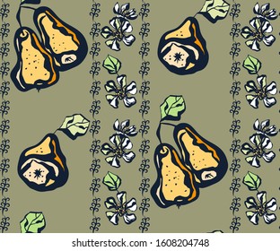Seamless floral pattern with pear and flowers. Ornamental decorative background. Vector pattern. Print for textile, cloth, wallpaper, scrapbooking