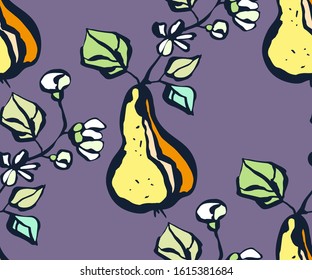 Seamless floral pattern with pear and flowers. Ornamental decorative background. Vector pattern. Print for textile, cloth, wallpaper, scrapbooking