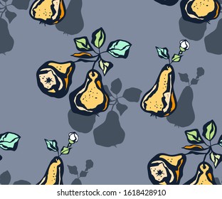 Seamless floral pattern with pear and flowers. Ornamental decorative background. Vector pattern. Print for textile, cloth, wallpaper, scrapbooking