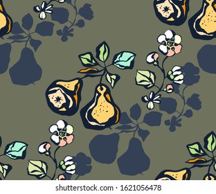 Seamless floral pattern with pear and flowers. Ornamental decorative background. Vector pattern. Print for textile, cloth, wallpaper, scrapbooking