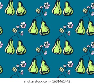 Seamless floral pattern with pear and flowers. Ornamental decorative background. Vector pattern. Print for textile, cloth, wallpaper, scrapbooking