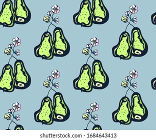 Seamless floral pattern with pear and flowers. Ornamental decorative background. Vector pattern. Print for textile, cloth, wallpaper, scrapbooking