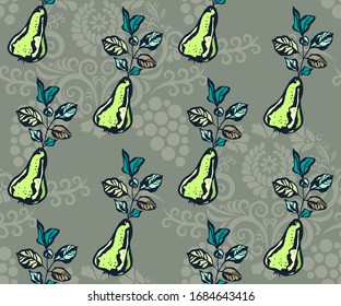Seamless floral pattern with pear and flowers. Ornamental decorative background. Vector pattern. Print for textile, cloth, wallpaper, scrapbooking