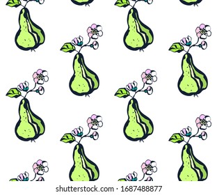 Seamless floral pattern with pear and flowers. Ornamental decorative background. Vector pattern. Print for textile, cloth, wallpaper, scrapbooking