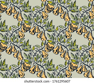 Seamless floral pattern with pear and flowers. Ornamental decorative background. Vector pattern. Print for textile, cloth, wallpaper, scrapbooking