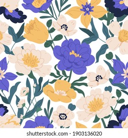 Seamless floral pattern with peonies, anemones, daffodils and clematis. Endless design with flowers for printing and decoration. Repeatable botanical background. Colorful flat vector illustration.
