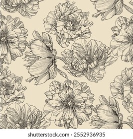 Seamless floral pattern of peonies, brown on beige background, floral pattern with intricate design reminiscent of porcelain or fabric prints