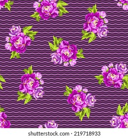 Seamless floral pattern with peonies and chevron 