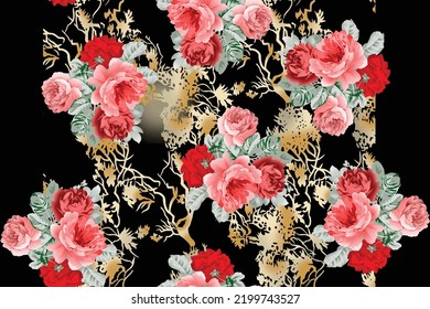 Seamless floral pattern with peonies and delphinium, watercolor