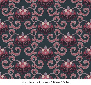 seamless floral pattern with peonies in dramatic red an black colours and a Japonese style