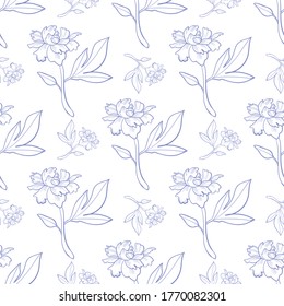 Seamless floral pattern with peonies. Ink drawn vector illustration in realistic style for prints, fabric, wrapping, backgrounds and other design. Hand drawn flowers.