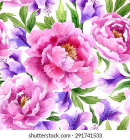 Seamless floral pattern with peonies and irises on light background, watercolor.
