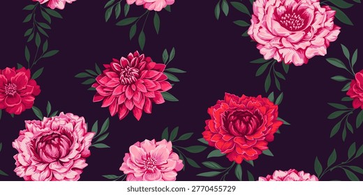 Seamless floral pattern with peonies and leaves on deep plum background. Balanced spacing and vivid pink tones create elegant repeat, perfect for textiles, wallpaper and packaging design