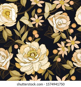 Seamless floral pattern with peonies on dark background. Vector illustration.