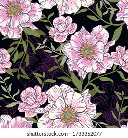 Seamless floral pattern with peonies on dark background. Vector illustration.