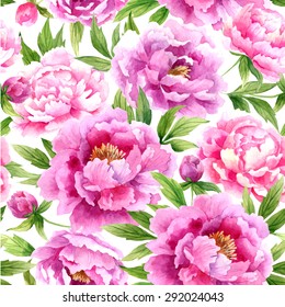 Seamless floral pattern with peonies on light background, watercolor.