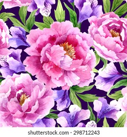 Seamless floral pattern with peonies on dark background, watercolor painting.