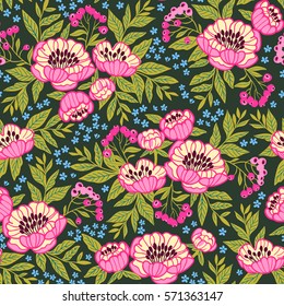 Seamless floral pattern with peonies. Peony flowers for your design.  Bright pink flowers. Dark green background. Modern floral background. The elegant the template for fashion prints. 