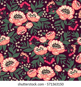 Patrón floral sin foco con peonías. Flores peony para tu diseño.  Flores rosa pálidas. Fondo violeta oscuro. Fondo floral moderno. La elegante plantilla para las impresiones de moda. 