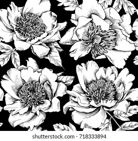 Seamless floral pattern. Peonies with a stamens and leaves. Vector black and white illustration.